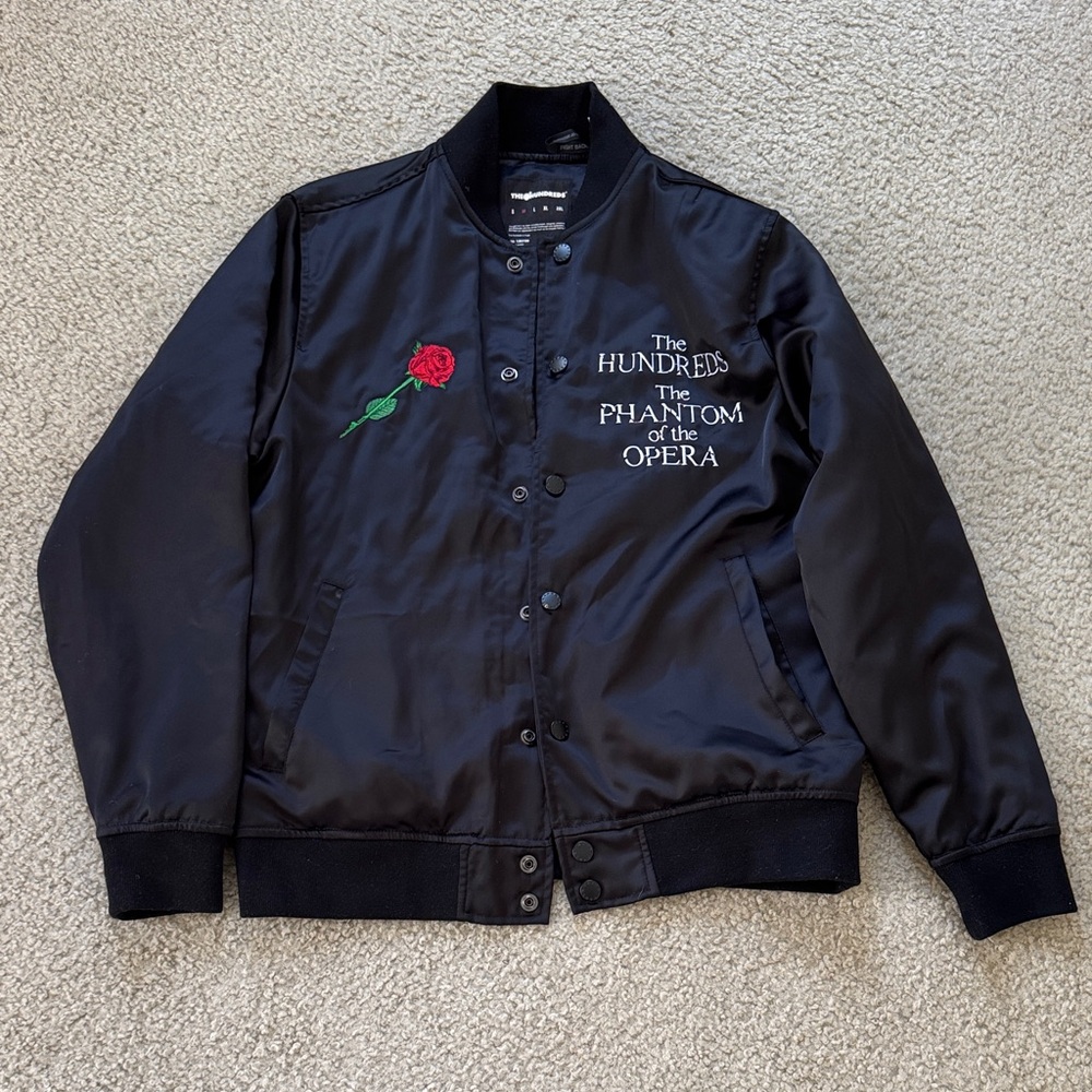 The Hundreds Black Bomber Jacket with Red Rose Embroidery